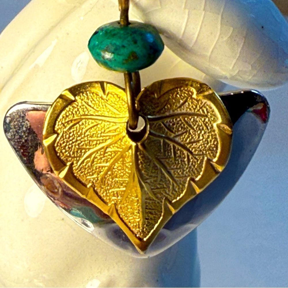 Grape leaf Gold and Silver and green stone Leaf earrings